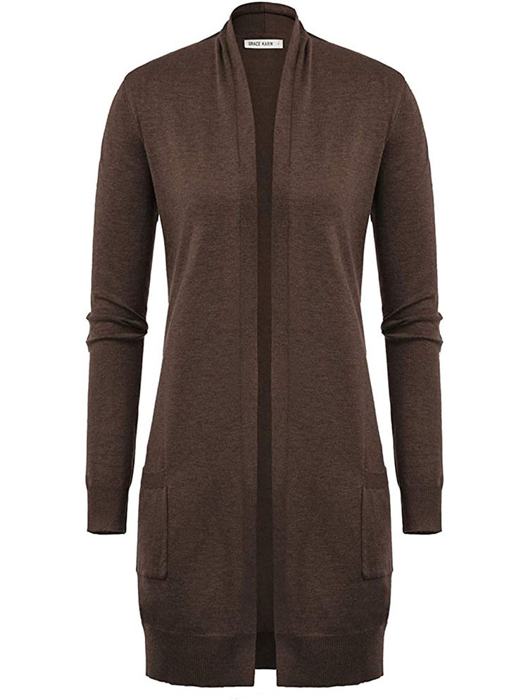 Ladies Mid-length Solid Color Long-sleeved Cardigan Front Cardigan