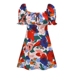 Women's French Retro Square Neck Tie Up High Waisted Skirt - Decor-S - View 1