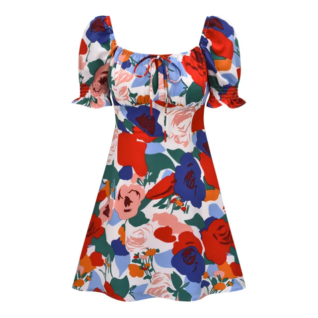 Women's French Retro Square Neck Tie Up High Waisted Skirt Decor S - Shop at LoveMi