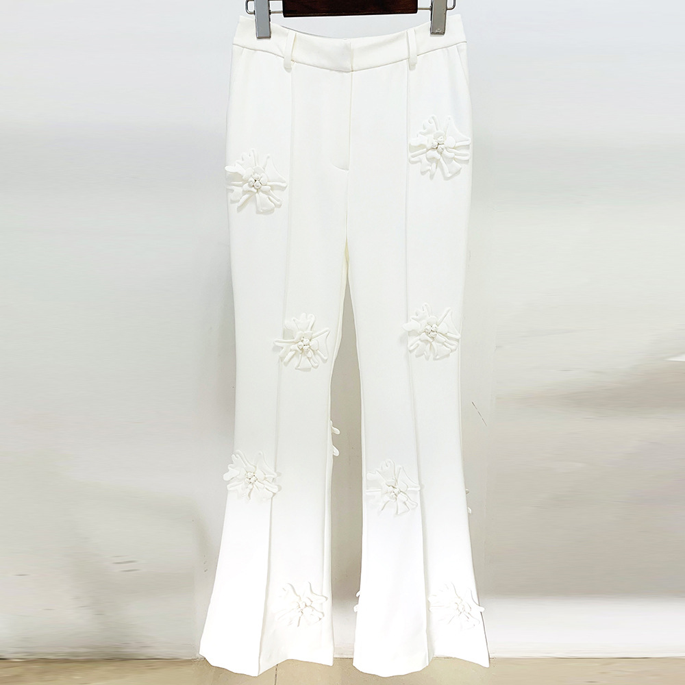 Fashion Heavy Industry Three dimensional Flower Decoration Micro La Trousers Suit Pants White - Shop at LoveMi
