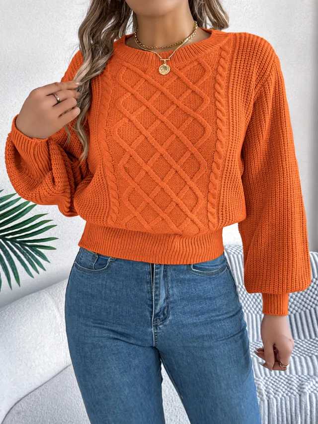 Solid Color Cable Knit Lantern Sleeve Cinched Pullover Sweater Orange - Shop at LoveMi