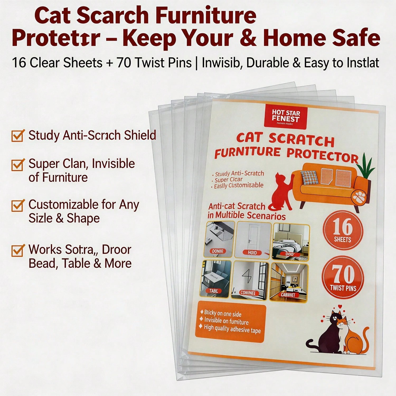 Cat Scratch Furniture Protector Set 16 Clear Sheets 70 Twist Pins, Invisible Anti Scratch Guards For Sofa, Door, Bed, Table, Cabinet