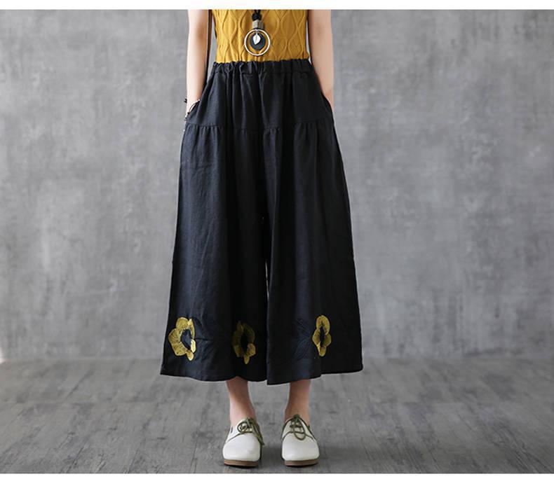 Ladies New Summer Retro Hemp Embroidered Flower Pants