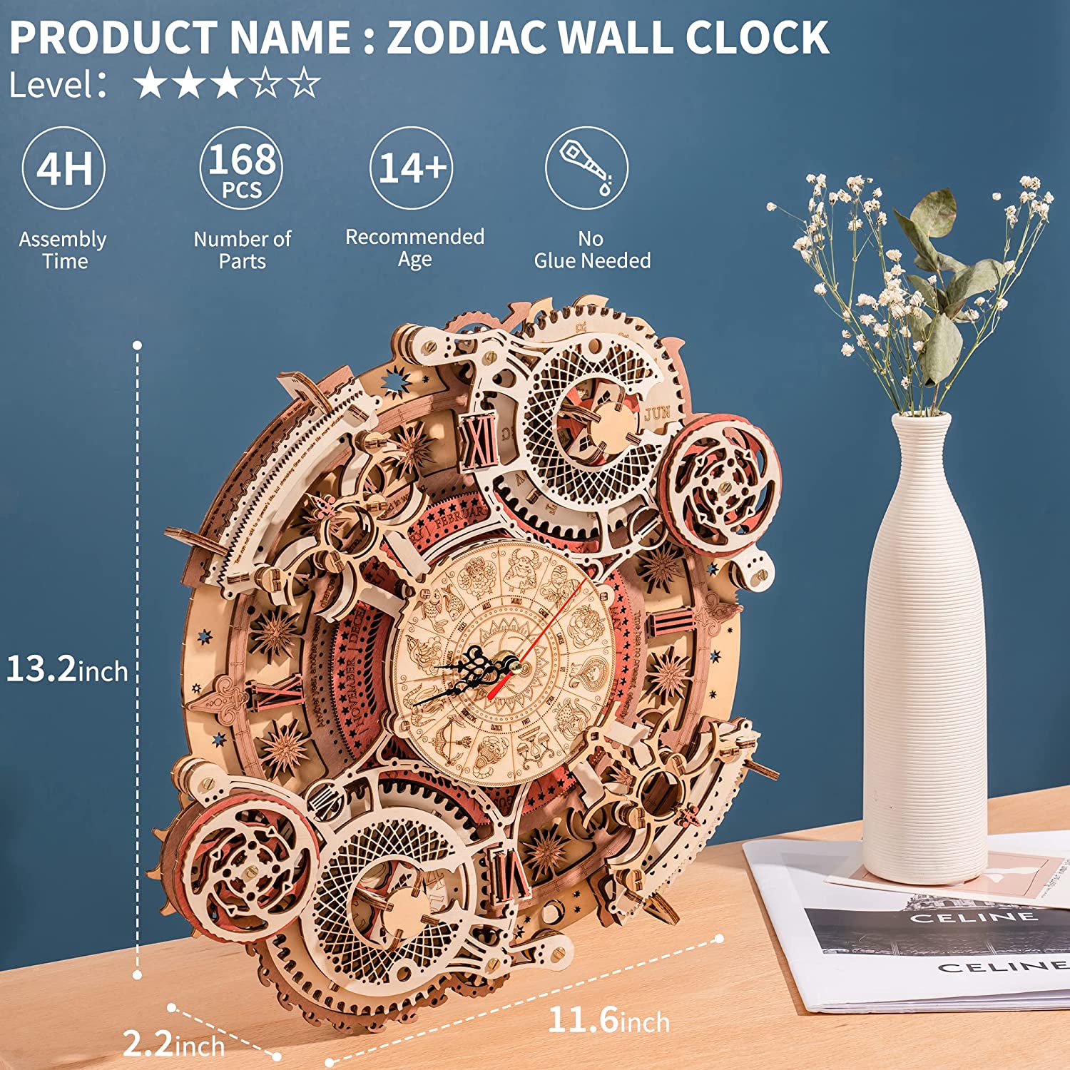 Robotime ROKR Time Art Zodiac Wall Clock 3D Wooden Puzzle Games Model Building Kits Toys for Children Kids