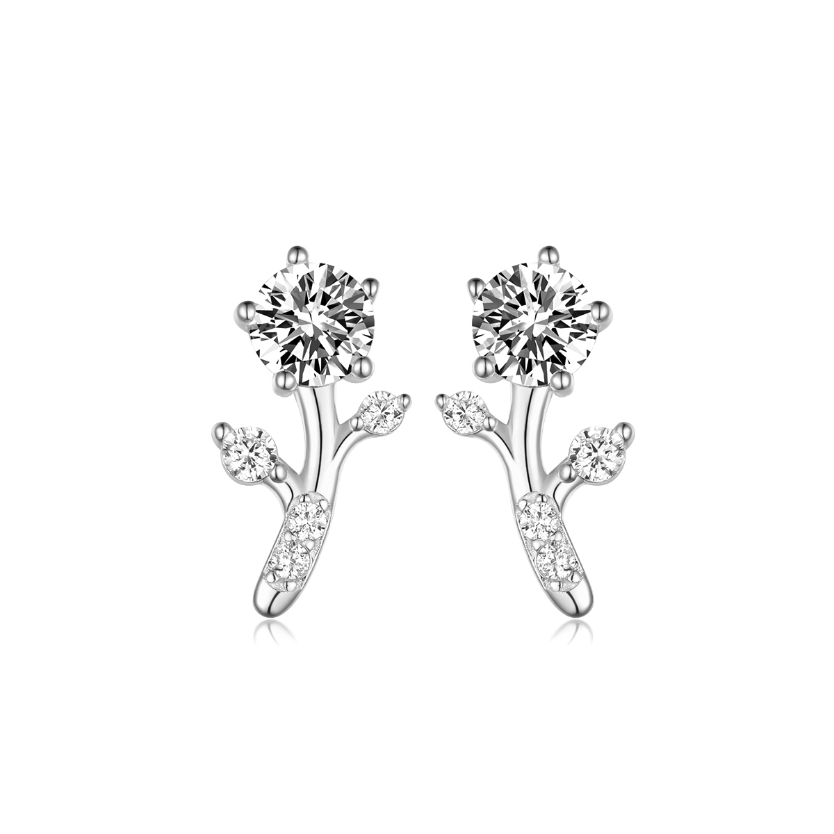 S925 Sterling Silver Branch Stud Earrings, 5mm D-VVS1 Moissanite, Platinum Plated 2g Women's Nature Jewelry Gift Box