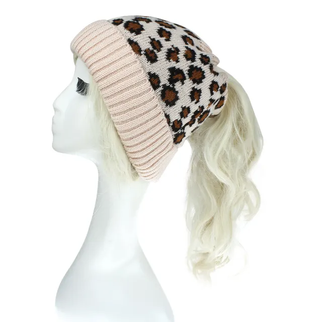 Warm And Fashionable Outdoor Leopard Print Knitted Ponytail Hat Pink - Shop at LoveMi