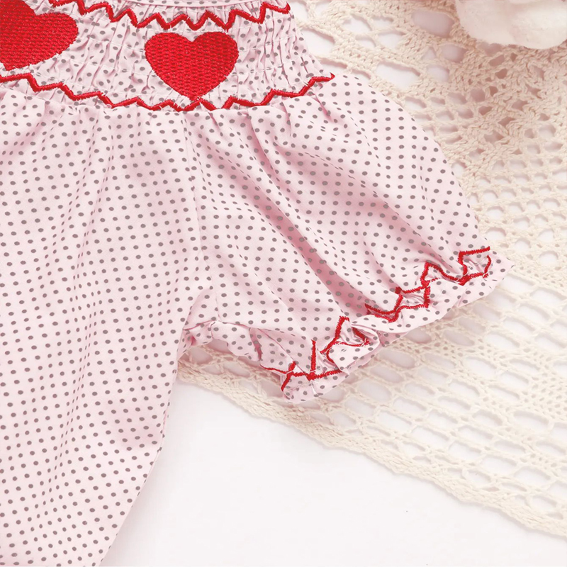 Baby Girl's Short Sleeve Pink Romper, Polka Dot Pattern With Heart Embroidery And Ruffle Detail