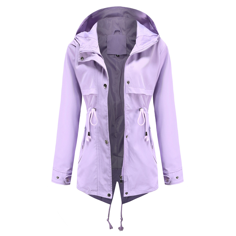 Windbreaker Mid length Hooded Jacket With Waist Waist Outdoor Raincoat Purple - Shop at LoveMi