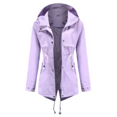 Windbreaker Mid-length Hooded Jacket With Waist Waist Outdoor Raincoat - Purple - View 1