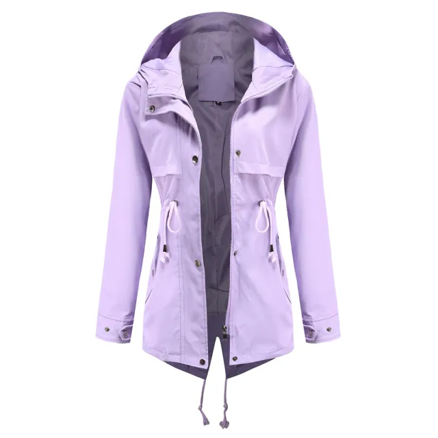 Windbreaker Mid length Hooded Jacket With Waist Waist Outdoor Raincoat Purple - Shop at LoveMi