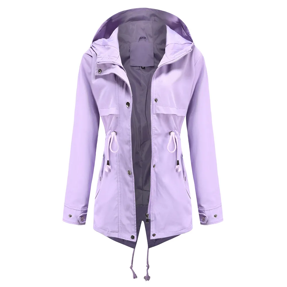 Windbreaker Mid-length Hooded Jacket With Waist Waist Outdoor Raincoat - Purple