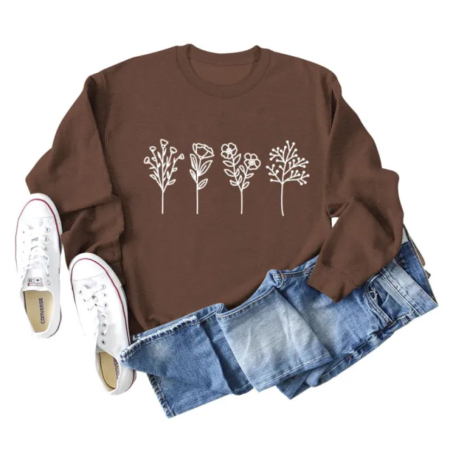 Four Flowers Printed Casual Long Sleeve Sweatshirt Coffee - Shop at LoveMi