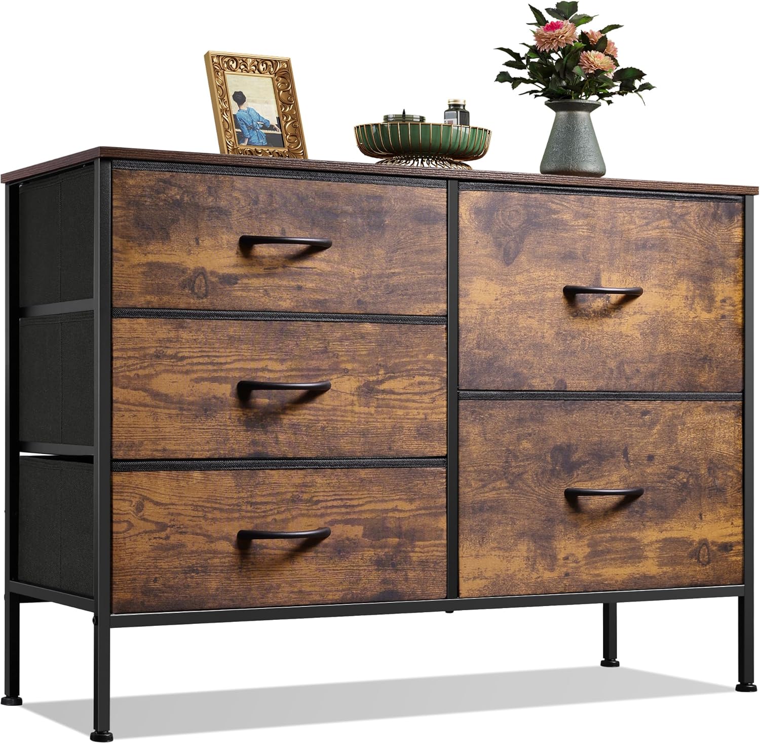 5 Drawer Dresser For Bedroom, Drawers With Wooden Top Metal Frame image 3
