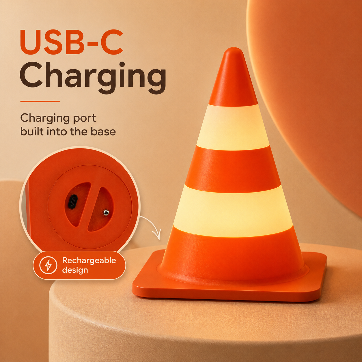 3D Printed Retro Traffic Cone Lamp, Touch Control Night Light, USB-C Rechargeable Desk Lamp, 3 Light Modes, Cute Cone Decor Gift view 6