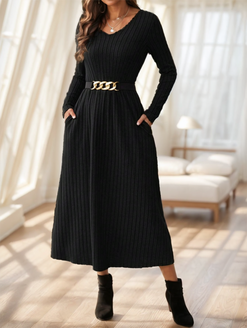 Women's Fall Solid Color Casual Long Sleeve Midi Dress With Belt Decoration