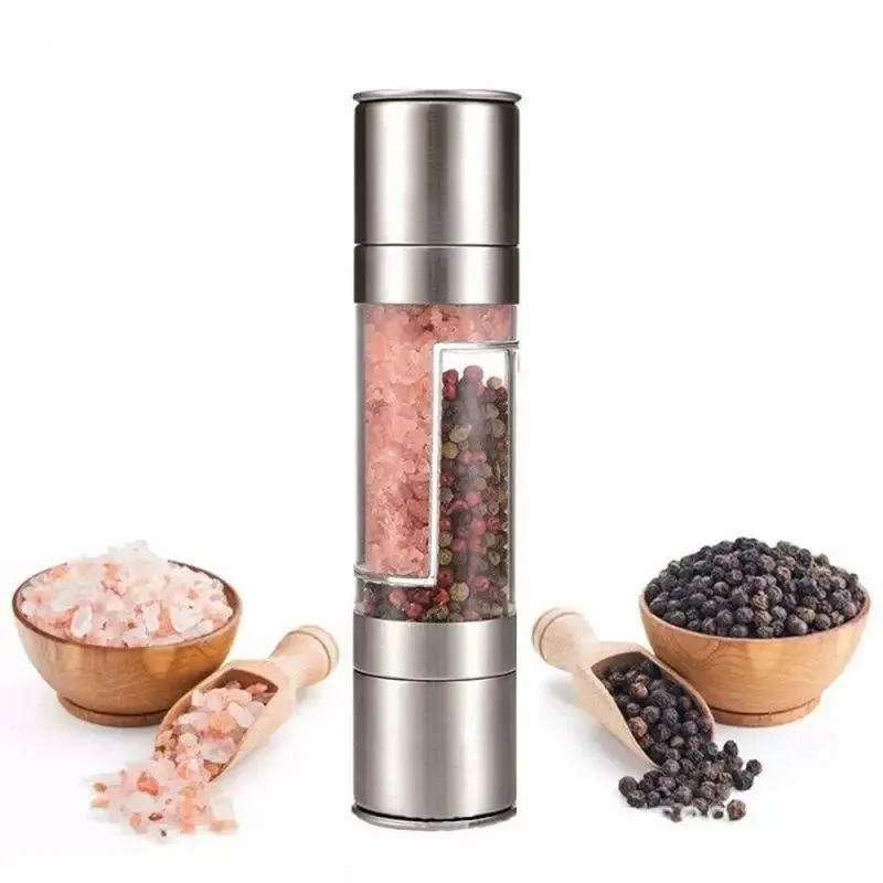 Salt Pepper Grinder 2 In 1 Manual Stainless Steel Salt Pepper Mills Adjustable Ceramic Grinding Spice Mill Kitchen Tool Gadgets - Silver