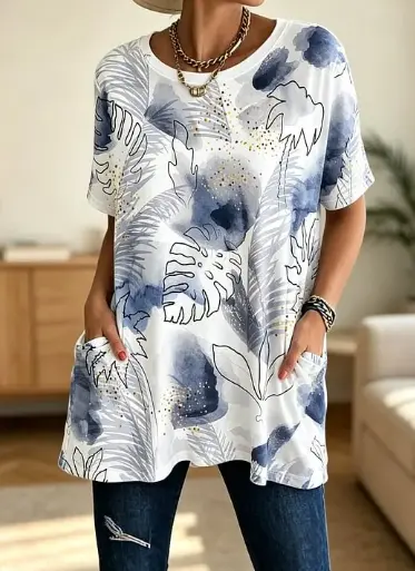Elegant Blue Monstera Leaf Print Short Sleeve