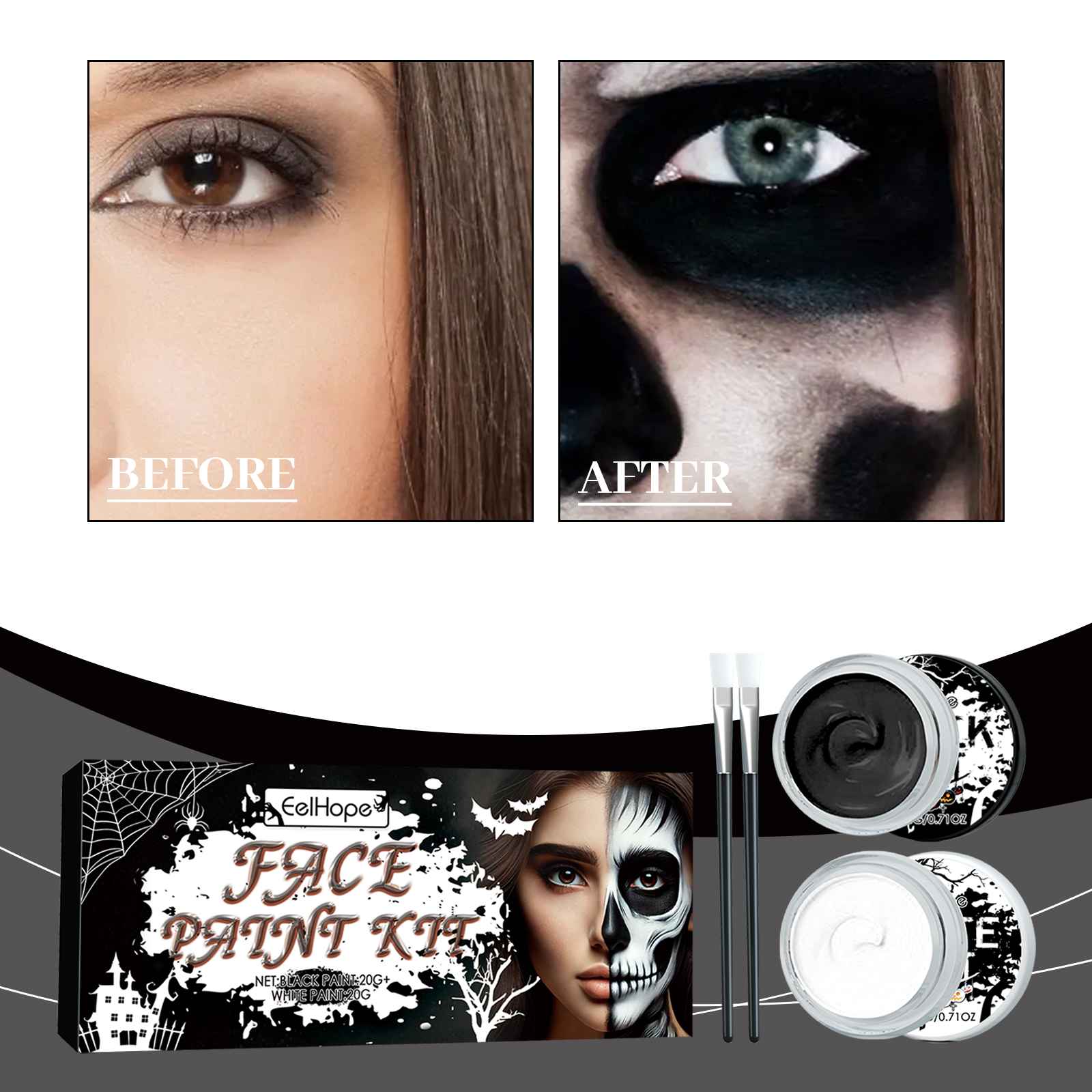 Black White Face Paint Kit, Halloween Skeleton Body Paint For Cosplay Costume Makeup, High Coverage Face Painting With Brushes