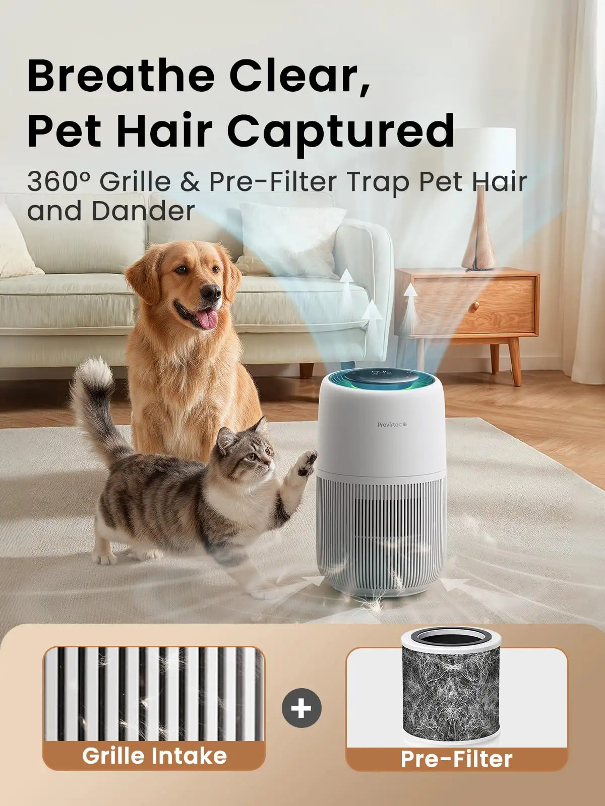 Pet Air Purifier  Enhanced Activated Carbon  Air Intake For Hair Odor Dander Allergies, 5-Stage H13 True HEPA, Pet Pre-Filter  PM2.5 Auto Mode For Bedroom HomeP