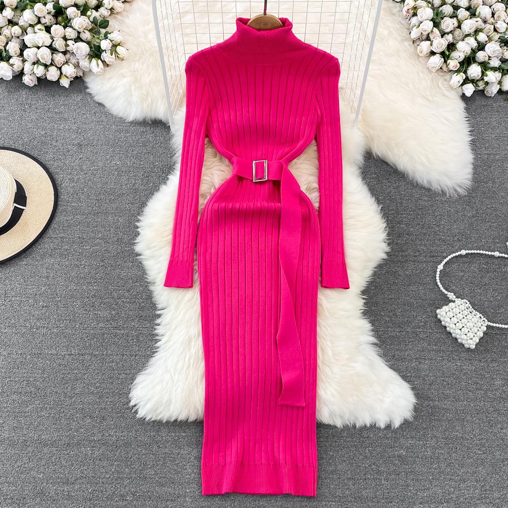 Elastic Tight fitting Knitted Buttock Dress Rose Red - Shop at LoveMi