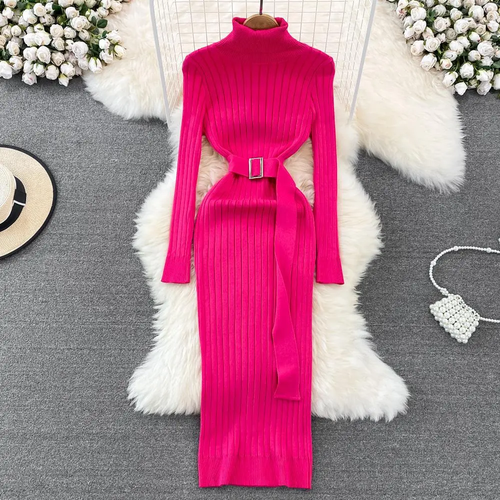 Elastic Tight-fitting Knitted Buttock Dress - Rose Red