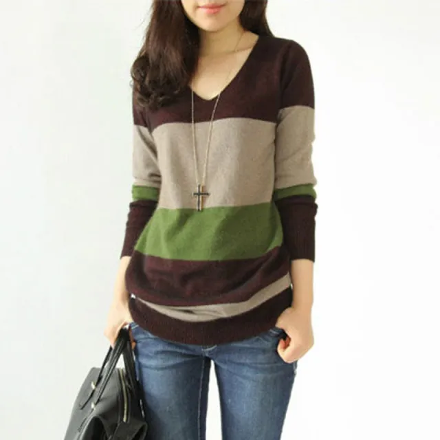 Women's V neck Striped Loose Sweater Three Color Stripes - Shop at LoveMi