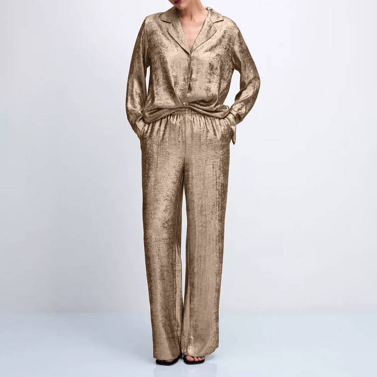 Collared Long-sleeved Shirt And High-waisted Wide-leg Pants Two-piece Set