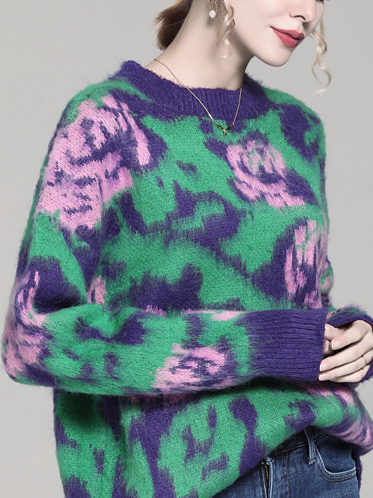 Women's Fashion Western Rose Jacquard Contrast Color Round Neck Pullover Sweater