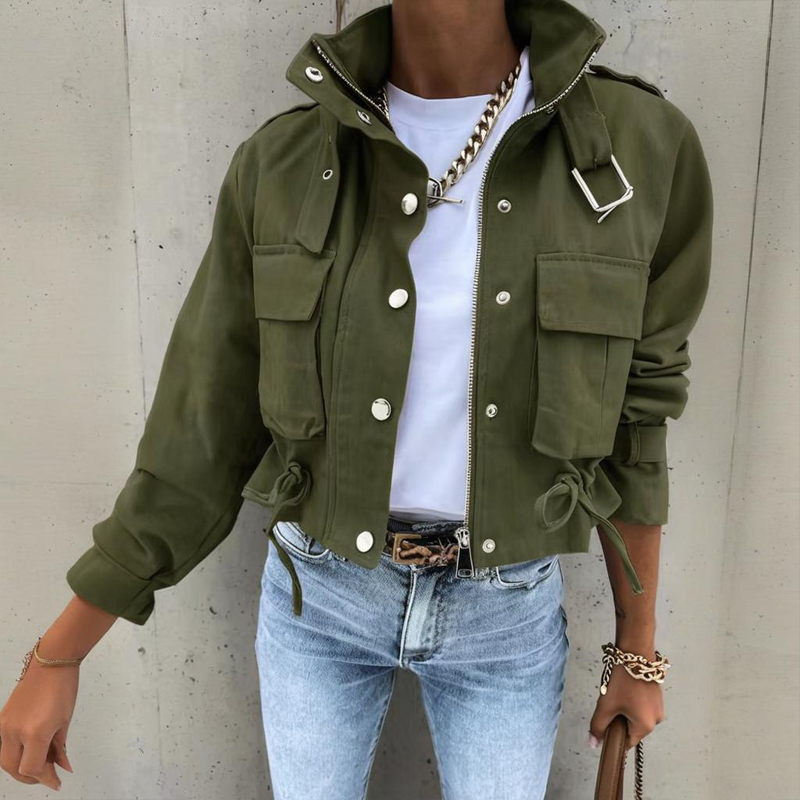 Women's Stand Collar Long Sleeve Jacket With Button & Zipper Closure Two Large Pockets & Drawstring Hem Casual Short Jacket For Spring&Fall Army Green - Shop at LoveMi