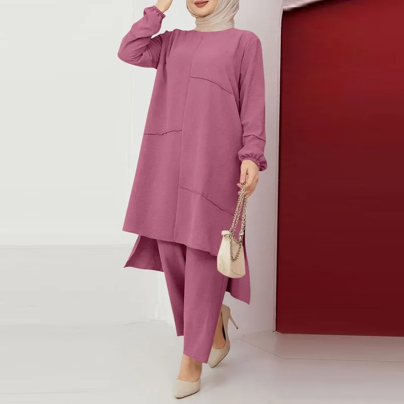 Plus Size Women's Solid Color Shirt Round Neck Elastic Cuff Top With Asymmetrical Hem & Wide-Leg Pants Set - Pink