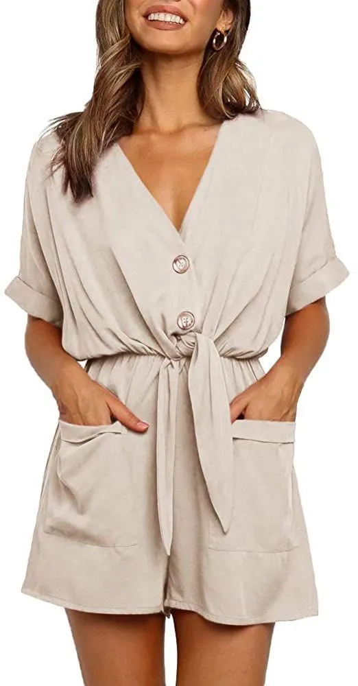 Lace up Short sleeved V neck Loose Single breasted Women's Jumpsuit Apricot - Shop at LoveMi