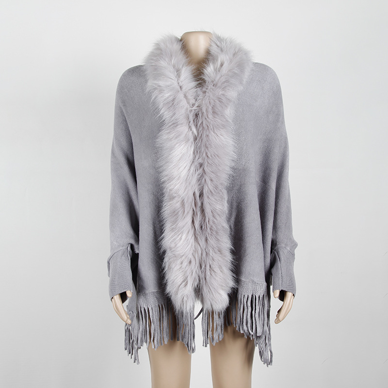 Fringed cloak shawl fur collar cape cardigan women Grey - Shop at LoveMi