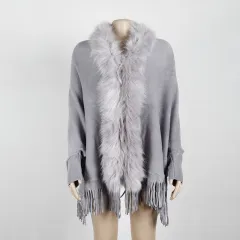 Fringed cloak shawl fur collar cape cardigan women - Grey - View 1