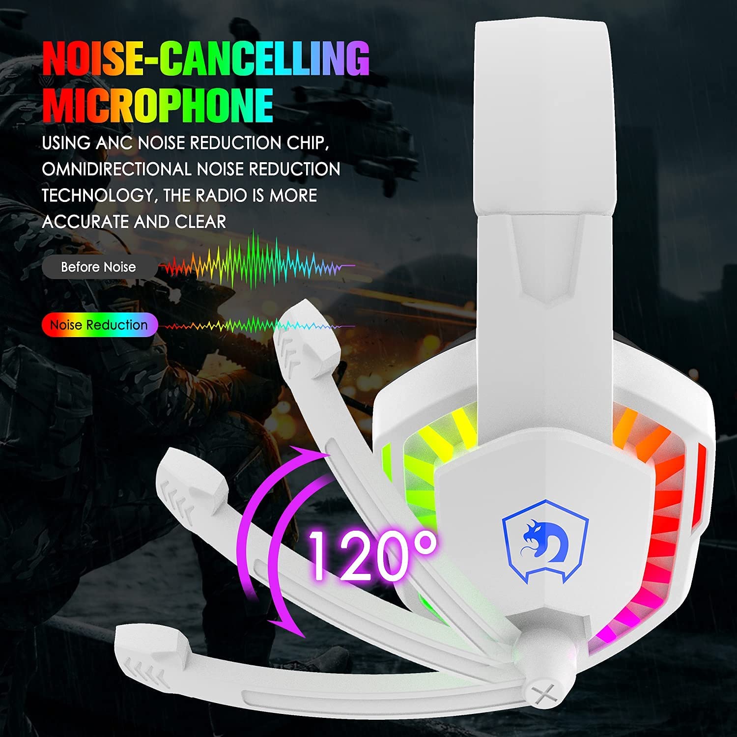 Wired Gaming Headset With Rainbow RGB Backlight Retractable Stereo Sound For PS4 White