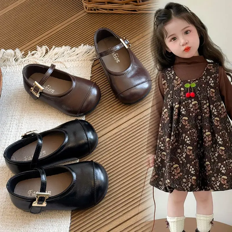 2026 Spring New Girls Leather Shoes, Black