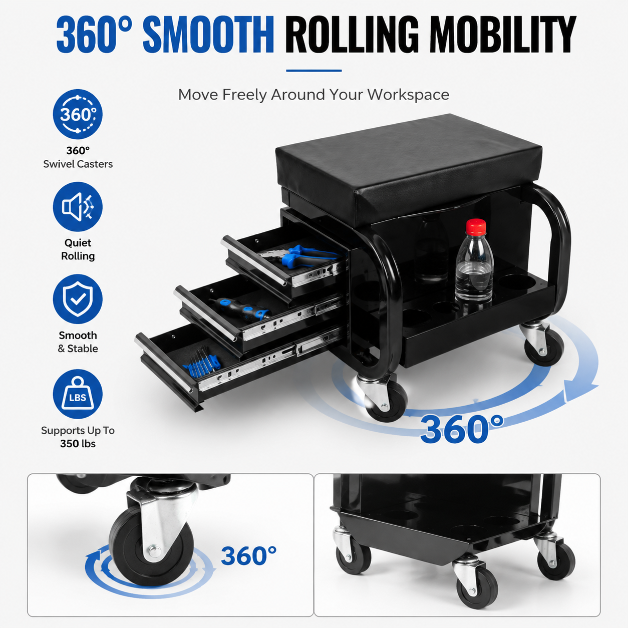 Rolling Garage Stool With 3 Drawers, Heavy Duty Mechanic Seat With Padded Vinyl Cushion, Tool Storage Cart, 350 Lbs Capacity