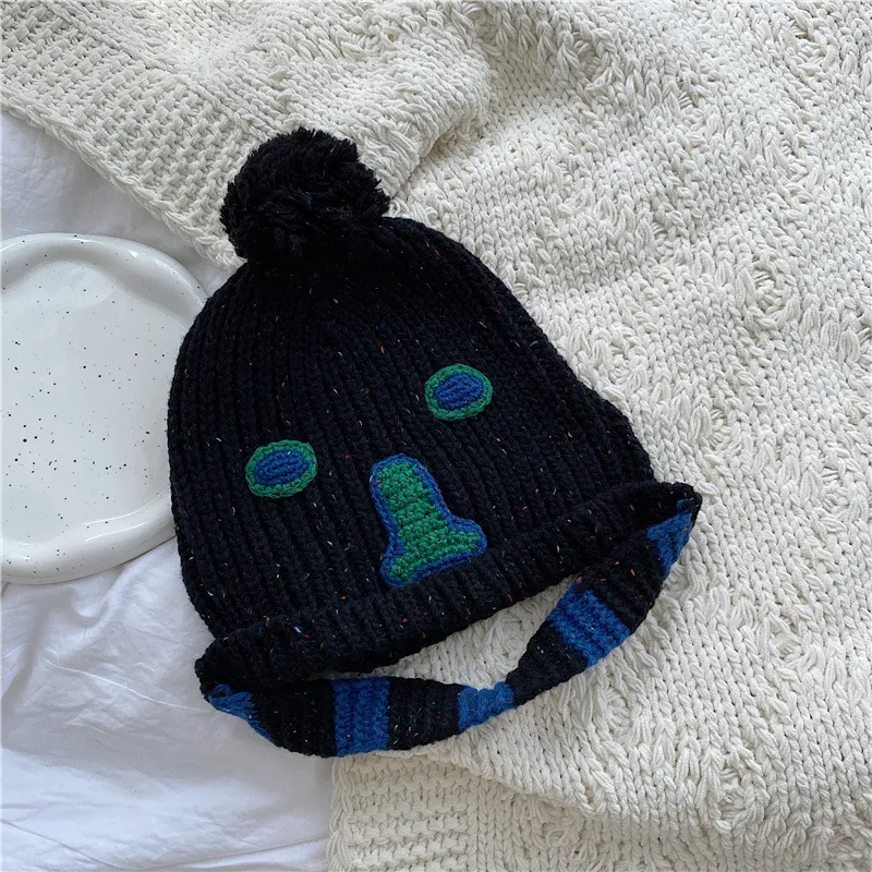 Embroidered Rabbit Fur Warm Wool Hat - Black