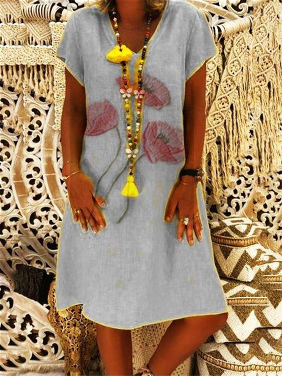 Women's Short-sleeved Dress Loose Abstract Big Flower Print V-neck