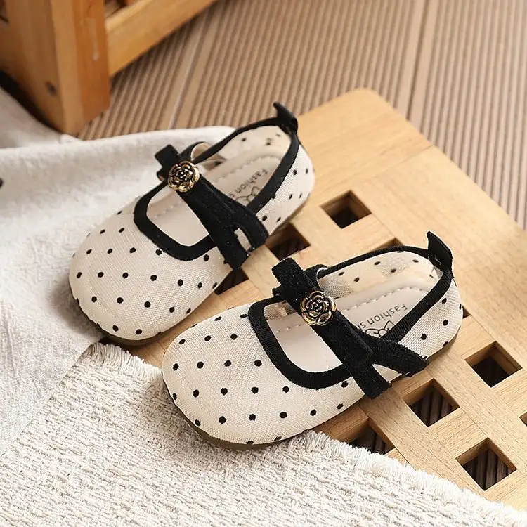 French Round Toe Polka Dot Soft Sole Single Shoe For Girls And Children, Breathable Mesh Mary Jane Grandmother Shoes