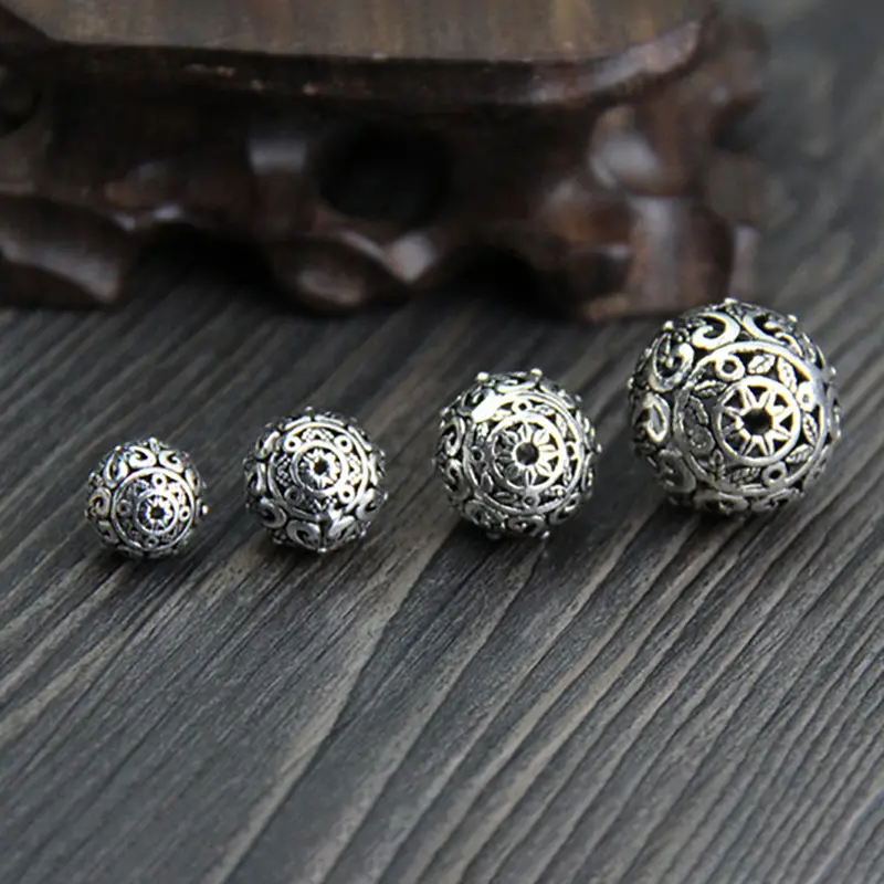 Vintage 925 Thai Silver DIY Hollow Round Loose Beads