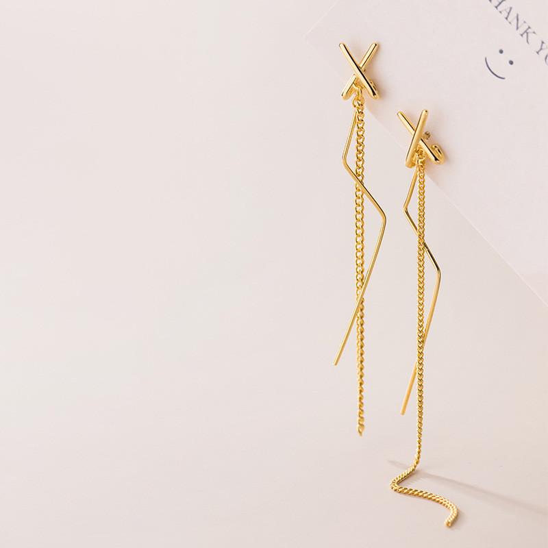 S925 Silver Simple Line Letter X Tassel Earrings Japanese And Korean Style