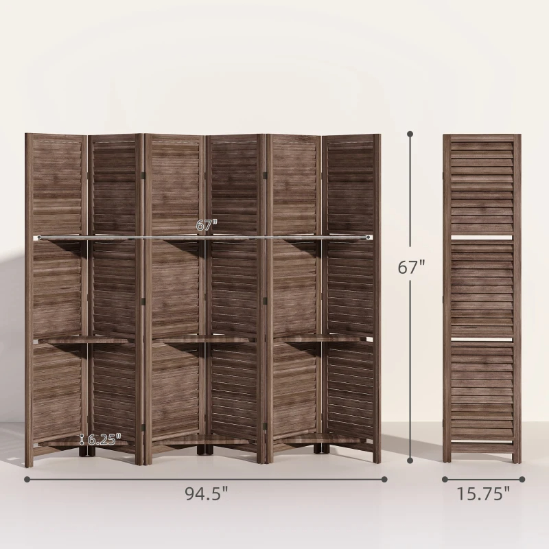 6 Panel Tall Wood Privacy Screen Room Divider With 3 Shelves And Folding Storage For Bedroom, Walnut