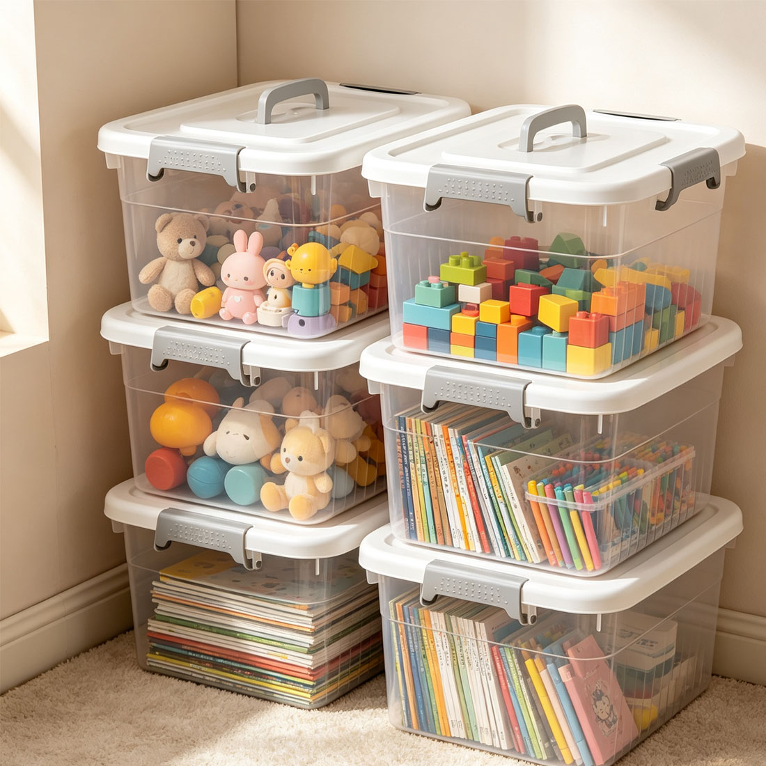 4PCS Clear Plastic Storage Boxes With Lids Stackable Box Home Office Kitchen UK