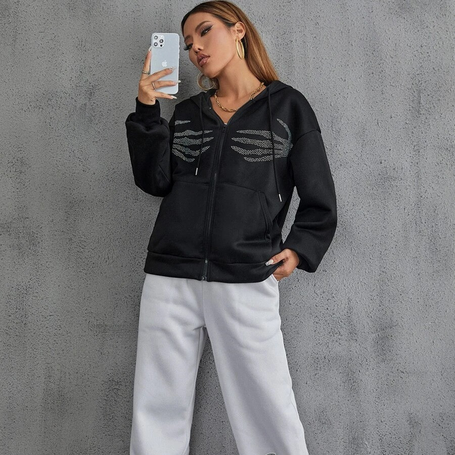 Women's Rhinestone Skull Print Cardigan Zip Hooded Sweatshirt