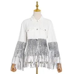 Lapel Pocket Heavy Industry Sequins Tassel Loose Ripped Denim Jacket Women - White - View 1