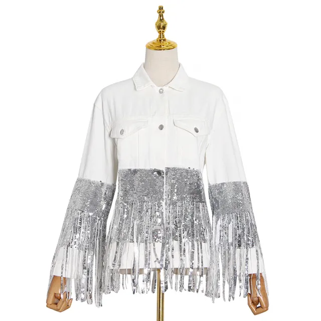 Lapel Pocket Heavy Industry Sequins Tassel Loose Ripped Denim Jacket Women White - Shop at LoveMi