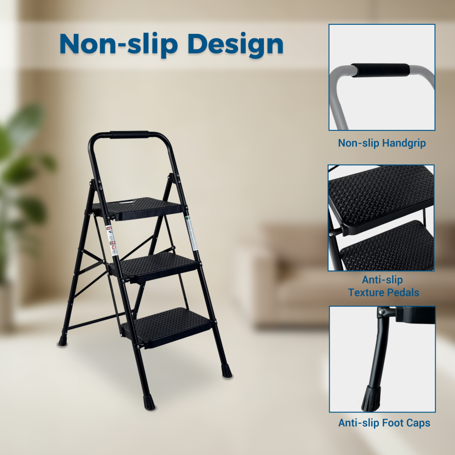 3 Step Ladder, Folding Step Stool With Wide Anti-Slip Pedal, Sturdy Steel Ladder, Lightweight, Portable Steel Step Stool