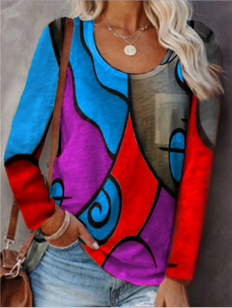 Casual Long-sleeved Plus Size Color-blocking T-shirt Top