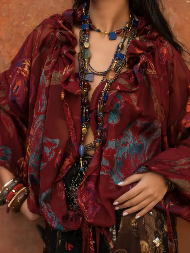 Burgundy Retro Print Ruffled Sheer Blouse Burgundy - Shop at LoveMi
