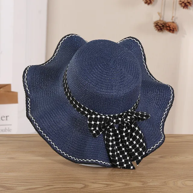 New Summer Women's Bow Knitting Straw Hat Navy Blue - Shop at LoveMi